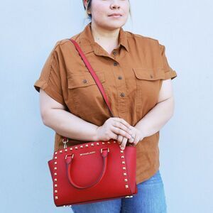 NWT Michael Kors Selma Stud Leather MD Top Zip Satchel in Cherry